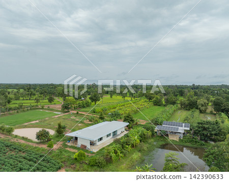 Aerial view of sustainable tropical farm with rooftop solar panels, crop fields and irrigation ponds. Renewable energy, agriculture and rural food production. Clean energy. Renewable electricity. 142390633