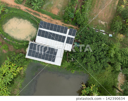Rooftop solar panels on rural farm. Renewable electricity for sustainable agriculture and clean energy production. Rural development. Solar energy. Sustainable farming and lower carbon emissions. Rooftop solar panels on rural farm. Renewable electricity for sustainable agriculture and clean energy production. Rural development. Solar energy. Sustainable farming and lower carbon emissions. 142390634