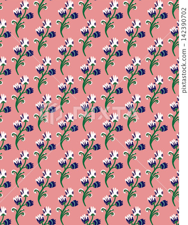 Seamless floral pattern with stylized small flowers in folk art style. Vintage ornamental print inspired by traditional motifs. Scandinavian style, ethnic motifs, linocut Seamless floral pattern with stylized small flowers in folk art style. Vintage ornamental print inspired by traditional motifs. Scandinavian style, ethnic motifs, linocut 142390702