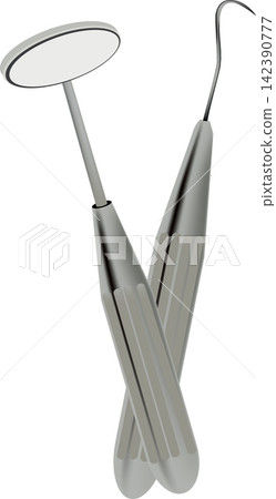 Dental mirror and sickle probe crossing each other on white background Dental mirror and sickle probe crossing each other on white background 142390777