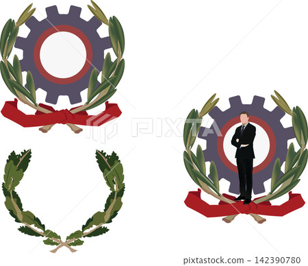Businessman standing with a gear and a laurel wreath, symbolizing industry and success Businessman standing with a gear and a laurel wreath, symbolizing industry and success 142390780