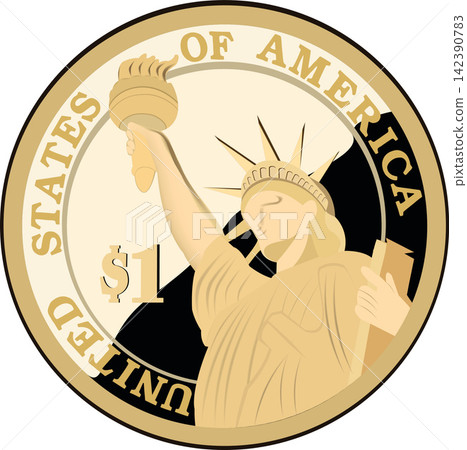One dollar coin featuring statue of liberty holding torch One dollar coin featuring statue of liberty holding torch 142390783