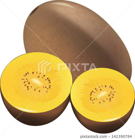 Whole and sliced golden kiwi fruit showing ripe yellow flesh 142390784