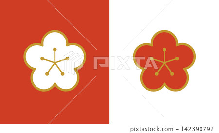 A simple Japanese-style icon featuring red and white plum blossoms. 142390792