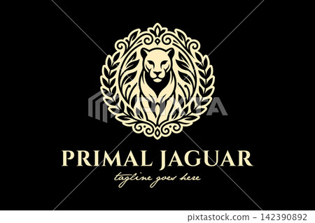 Primal jaguar head logo inside decorative floral laurel wreath for wildlife conservation and luxury apparel. Primal jaguar head logo inside decorative floral laurel wreath for wildlife conservation and luxury apparel. 142390892