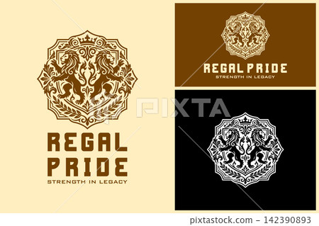 Royal lion heraldic shield logo with decorative filigree elements for luxury brand and corporate identity. Royal lion heraldic shield logo with decorative filigree elements for luxury brand and corporate identity. 142390893