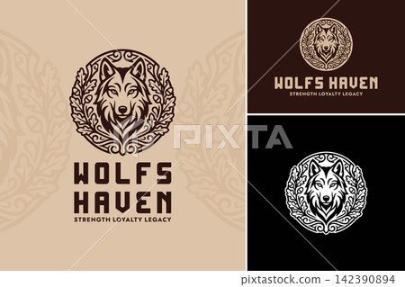 Wolf head emblem with oak leaves and acorns in circular frame for rustic branding and outdoor company identity. Wolf head emblem with oak leaves and acorns in circular frame for rustic branding and outdoor company identity. 142390894