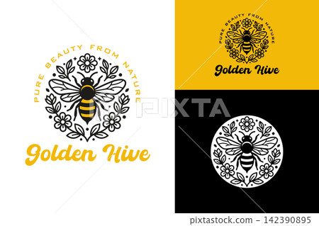 Golden bee logo design within circular flower wreath for natural cosmetic and organic honey brand. 142390895