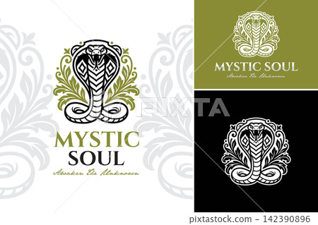 Mystic soul cobra snake logo template with vintage floral ornament on white background and color variations. Mystic soul cobra snake logo template with vintage floral ornament on white background and color variations. 142390896