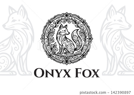 Onyx fox sitting portrait in decorative filigree circular frame for bohemian lifestyle and creative brand. Onyx fox sitting portrait in decorative filigree circular frame for bohemian lifestyle and creative brand. 142390897