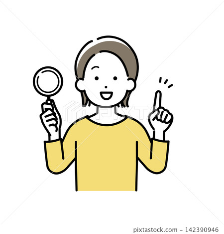 An illustration of a young woman holding a magnifying glass and giving an explanation. An illustration of a young woman holding a magnifying glass and giving an explanation. 142390946