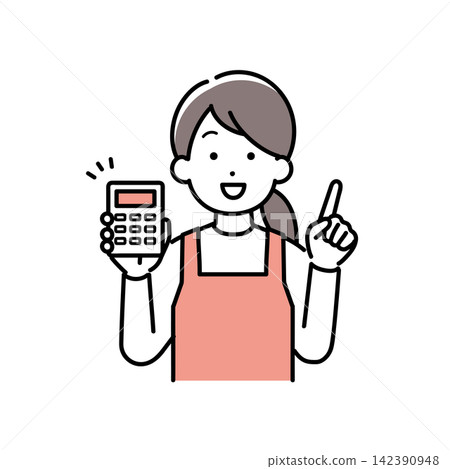 An illustration of a housewife (childcare worker, house cleaner) explaining something while holding a calculator. An illustration of a housewife (childcare worker, house cleaner) explaining something while holding a calculator. 142390948