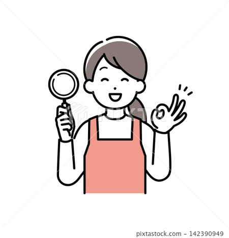 An illustration of a housewife (childcare worker, house cleaner) wearing an apron and making an OK sign while holding a magnifying glass. An illustration of a housewife (childcare worker, house cleaner) wearing an apron and making an OK sign while holding a magnifying glass. 142390949