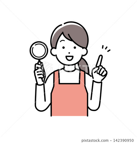 An illustration of a housewife (childcare worker, house cleaner) explaining something while holding a magnifying glass. An illustration of a housewife (childcare worker, house cleaner) explaining something while holding a magnifying glass. 142390950