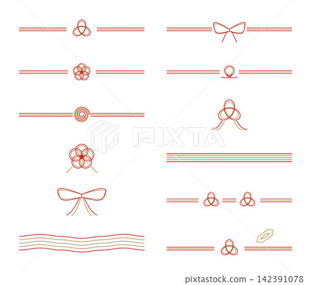 Set of 12 types of Mizuhiki (decorative cords): Awaji knot, butterfly knot, and plum knot with red, white, gold, and silver decorative borders. Set of 12 types of Mizuhiki (decorative cords): Awaji knot, butterfly knot, and plum knot with red, white, gold, and silver decorative borders. 142391078