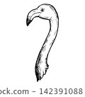 A cute, retro-style hand-drawn illustration of a flamingo's head (line art only). 142391088
