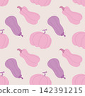 Seamless pastel autumn pattern featuring pink and purple pumpkins and gourds 142391215
