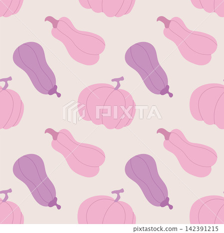 Seamless pastel autumn pattern featuring pink and purple pumpkins and gourds Seamless pastel autumn pattern featuring pink and purple pumpkins and gourds 142391215