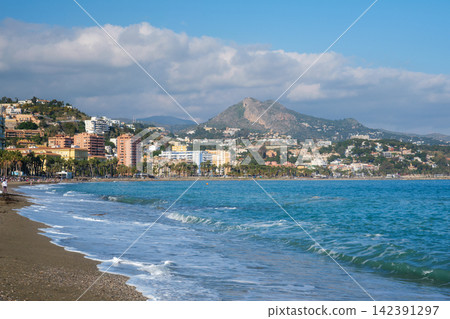 Scenic view of Malagueta beach and city skyline in Malaga Scenic view of Malagueta beach and city skyline in Malaga 142391297