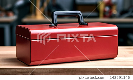 Red metal toolbox on wooden workshop table Red metal toolbox on wooden workshop table 142391346