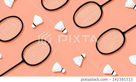 Badminton rackets and shuttlecocks creating dynamic sport pattern Badminton rackets and shuttlecocks creating dynamic sport pattern 142391515