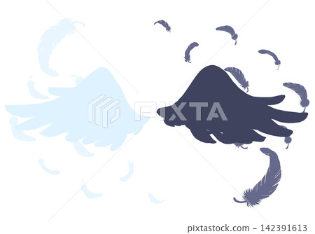 White and black wings and fluttering feathers - silhouette 142391613
