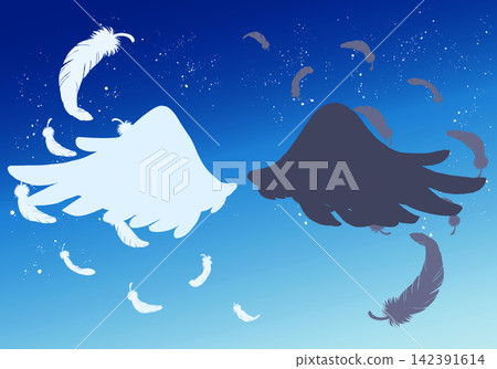 White and black wings and fluttering feathers - silhouette White and black wings and fluttering feathers - silhouette 142391614