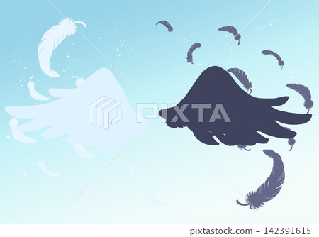 White and black wings and fluttering feathers - silhouette White and black wings and fluttering feathers - silhouette 142391615