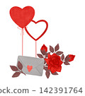 A romantic composition for a corner. Red and pink tones. Flowers, roses, hearts, a letter, an envelope. Love. Watercolor, pastels. In a flat style 142391764