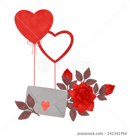A romantic composition for a corner. Red and pink tones. Flowers, roses, hearts, a letter, an envelope. Love. Watercolor, pastels. In a flat style A romantic composition for a corner. Red and pink tones. Flowers, roses, hearts, a letter, an envelope. Love. Watercolor, pastels. In a flat style 142391764