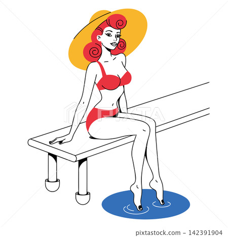 The image shows a retro-style vector illustration depicting a pin-up girl The image shows a retro-style vector illustration depicting a pin-up girl 142391904