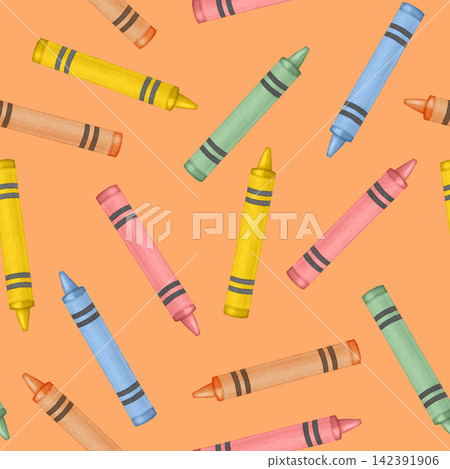 Watercolor seamless pattern with colorful wax crayons scattered. Hand drawn back to school illustration. Stationery. Traditional symbol of the first of September, knowledge day, back to school Watercolor seamless pattern with colorful wax crayons scattered. Hand drawn back to school illustration. Stationery. Traditional symbol of the first of September, knowledge day, back to school 142391906