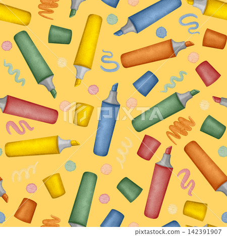 Watercolor seamless pattern with colorful felt-tip markers, caps. Stationery. Traditional symbol of the first of September, knowledge day, back to school season Watercolor seamless pattern with colorful felt-tip markers, caps. Stationery. Traditional symbol of the first of September, knowledge day, back to school season 142391907
