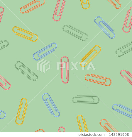 Watercolor seamless pattern with colorful paper clips scattered. Stationery. Traditional symbol of the first of September, knowledge day, back to school season Watercolor seamless pattern with colorful paper clips scattered. Stationery. Traditional symbol of the first of September, knowledge day, back to school season 142391908