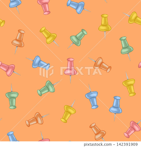 Watercolor seamless pattern with colorful push pins. Hand drawn school and office stationery. Traditional symbol of the first of September, knowledge day, back to school season Watercolor seamless pattern with colorful push pins. Hand drawn school and office stationery. Traditional symbol of the first of September, knowledge day, back to school season 142391909