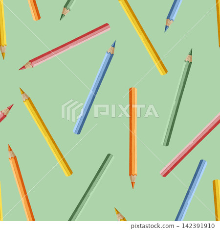 Watercolor seamless pattern with colorful sharpened pencils. Stationery. Traditional symbol of the first of September, knowledge day, back to school season Watercolor seamless pattern with colorful sharpened pencils. Stationery. Traditional symbol of the first of September, knowledge day, back to school season 142391910