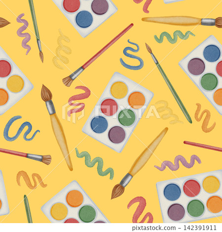 Watercolor hand drawn seamless pattern with paint palettes and paintbrushes. Stationery. Traditional symbol of the first of September, knowledge day, back to school season Watercolor hand drawn seamless pattern with paint palettes and paintbrushes. Stationery. Traditional symbol of the first of September, knowledge day, back to school season 142391911