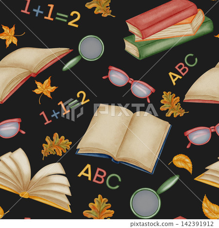 Watercolor seamless pattern with open books, glasses, magnifying glasses, autumn leaves, letters and numbers. Stationery. Traditional symbol of the first of September, knowledge day, back to school 142391912