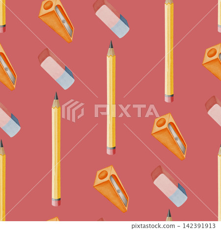 Watercolor seamless pattern with school stationery. Yellow graphite pencils, erasers and sharpeners. Stationery. Traditional symbol of the first of September, knowledge day, back to school Watercolor seamless pattern with school stationery. Yellow graphite pencils, erasers and sharpeners. Stationery. Traditional symbol of the first of September, knowledge day, back to school 142391913