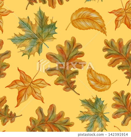 Watercolor seamless pattern of autumn leaves. Hand drawn background with colorful maple and oak foliage. Warm fall texture perfect for school decoration, thanksgiving, seasonal design. Watercolor seamless pattern of autumn leaves. Hand drawn background with colorful maple and oak foliage. Warm fall texture perfect for school decoration, thanksgiving, seasonal design. 142391914