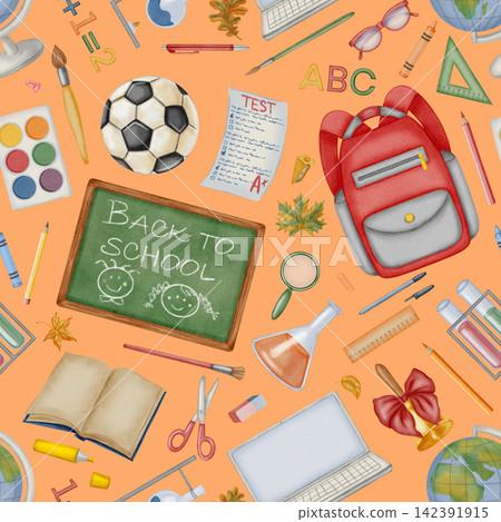 Watercolor seamless pattern with school backpack, chalkboard, laptop, globe and stationery. Hand drawn back to school background with diverse learning elements, lab equipment and soccer ball. Watercolor seamless pattern with school backpack, chalkboard, laptop, globe and stationery. Hand drawn back to school background with diverse learning elements, lab equipment and soccer ball. 142391915