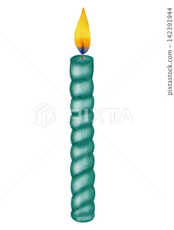 Watercolor burning festive candle isolated on white background. Hand drawn twisted cake candle with flame for birthday or Christmas celebration. for birthdays, anniversaries, party invitations 142391944