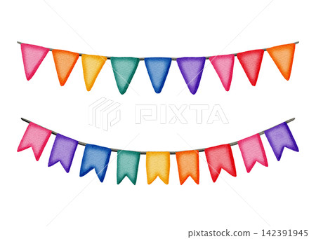 Watercolor birthday party garland flags set isolated on white background. Colorful hanging bunting banners for birthdays, anniversaries, party invitations, children's design, and cardmaking. Watercolor birthday party garland flags set isolated on white background. Colorful hanging bunting banners for birthdays, anniversaries, party invitations, children's design, and cardmaking. 142391945