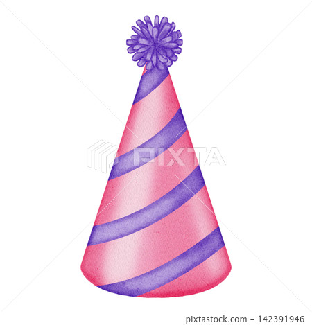 Hand drawn watercolor party hat with pompom isolated on white background. Festive birthday cone cap for children holiday celebration, birthdays, anniversaries, party invitations, cardmaking Hand drawn watercolor party hat with pompom isolated on white background. Festive birthday cone cap for children holiday celebration, birthdays, anniversaries, party invitations, cardmaking 142391946