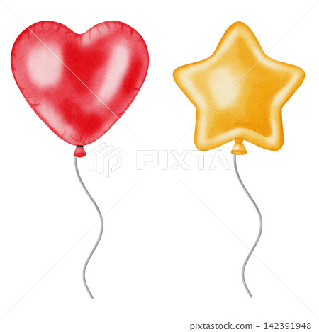Watercolor illustration red heart, yellow star shaped balloons set isolated on white background. Festive helium balloons for birthdays, anniversaries, party invitations, children's design, cardmaking Watercolor illustration red heart, yellow star shaped balloons set isolated on white background. Festive helium balloons for birthdays, anniversaries, party invitations, children's design, cardmaking 142391948
