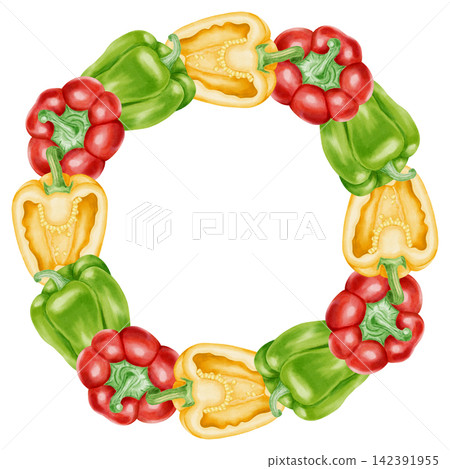 Watercolor colorful bell pepper wreath with red, green, yellow sweet peppers and seeds. Hand drawn round frame for menu design, food packaging, recipes, organic packaging, isolated on white background Watercolor colorful bell pepper wreath with red, green, yellow sweet peppers and seeds. Hand drawn round frame for menu design, food packaging, recipes, organic packaging, isolated on white background 142391955