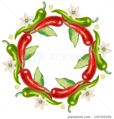 Watercolor illustration red hot chili pepper wreath with green leaves and white flowers. Hand drawn circular spice frame for spicy food menu, Mexican cuisine, packaging, isolated on white background Watercolor illustration red hot chili pepper wreath with green leaves and white flowers. Hand drawn circular spice frame for spicy food menu, Mexican cuisine, packaging, isolated on white background 142391956
