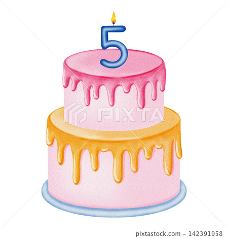 Watercolor illustration birthday cake and colorful number candles set from 0 to 9. Hand drawn festive confectionery for birthdays, anniversaries, party invitations, children's design, card making 142391958