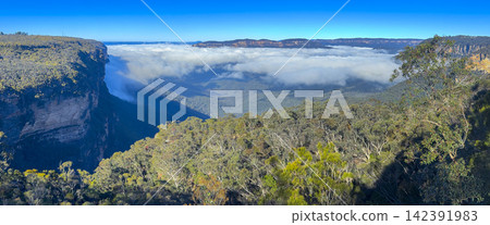 Panoramic low hanging cloud in the Jamison Valley in Wentworth Falls Panoramic low hanging cloud in the Jamison Valley in Wentworth Falls 142391983