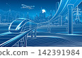 Futuristic high speed train traveling through a modern smart city with elevated railway, urban skyline, power lines, wind turbines and airplane. Technology illustration representing future transport 142391984